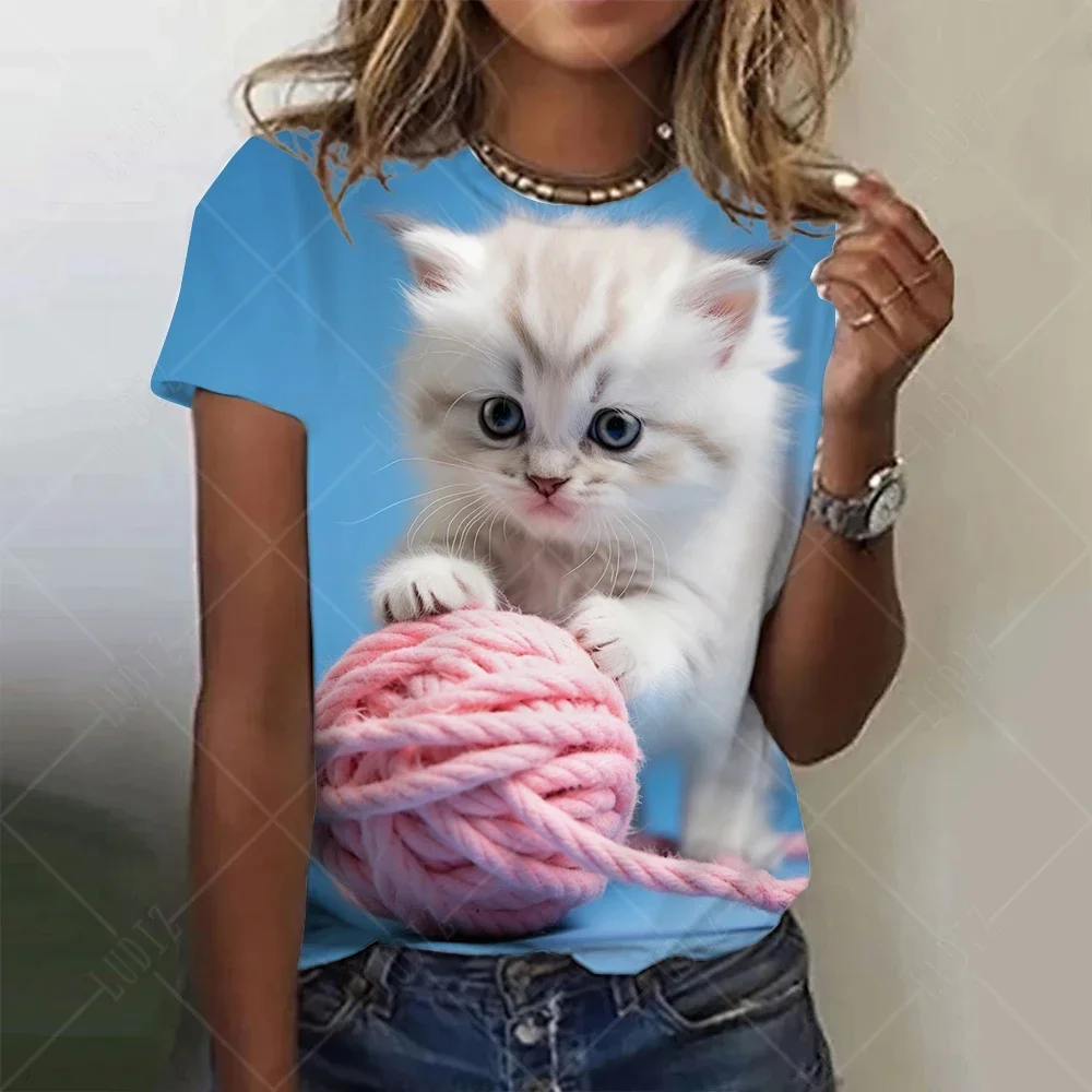 

2024 Fashion Women's T-shirt Animal 3D Printing Kawaii Cat Pattern T-shirt Top Summer Short sleeved T-shirt Girls Y2K Set