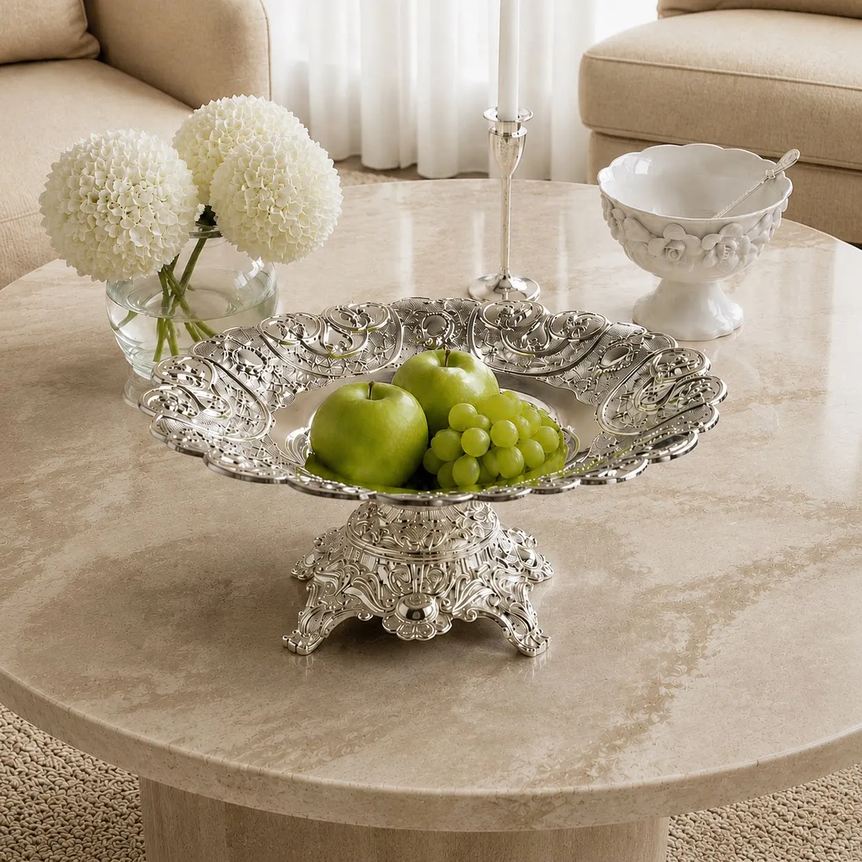 ColorValue Vintage Silver Fruit Bowl With Handle Hollow Embossed High Leg Tray Dessert Nut Plate Home Wedding Table Decor