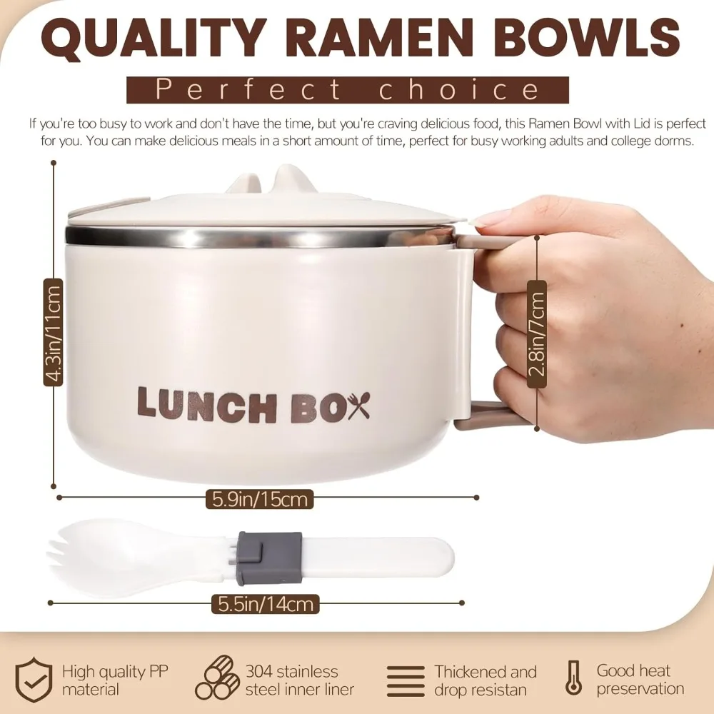 Lidded Handle Ramen Bowl with Stainless Steel Inner Container Microwave Safe Lunch Box for Instant Noodles Cooking Device
