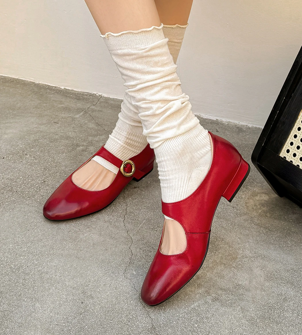 EAGSITY  4 color Cow Leather round toe retro mary jane shoes women's chunky heel strap shoes footwear casual cosplay lolita