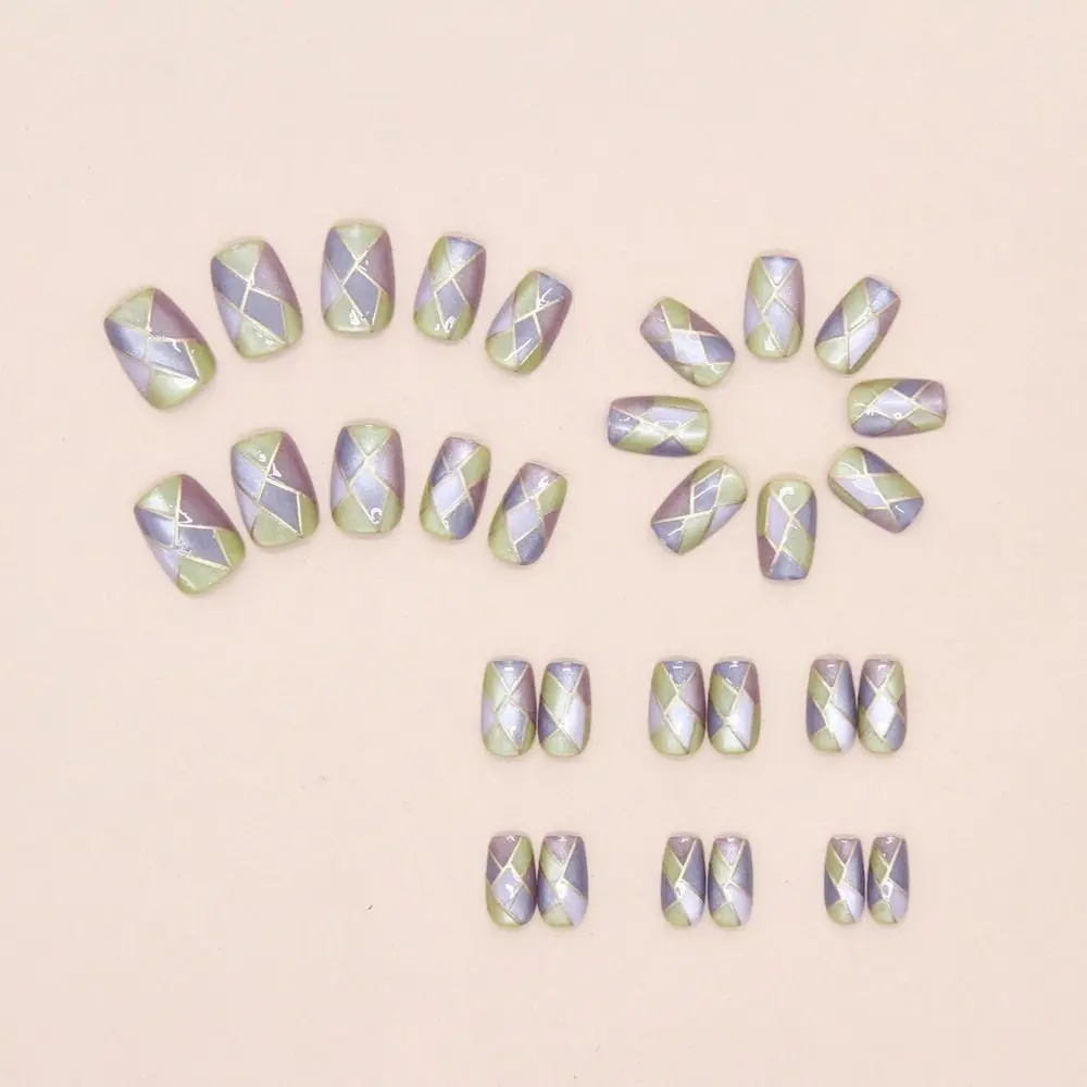 30 pçs novo curto bailarina unhas falsas olho de gato padrão xadrez dicas de unhas cor-bloqueio destacável imprensa em unhas mulheres meninas