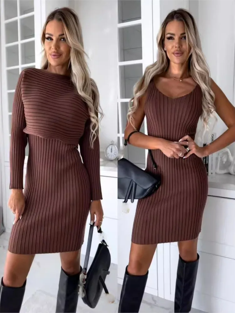 

2 Pcs Set Women Top Dress Suit Striped Knitted Sleeveless Sheath Dress Autumn Long Sleeve Loose Pullover Slim Dress Blouse Sets