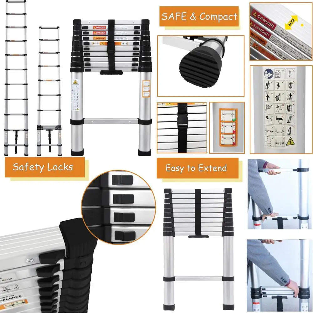 سلم تمديد متعدد الأغراض من الألومنيوم بطول 10.5 قدم/3.2 م، معتمد من EN131، سعة تحميل 330 رطل، تصميم محمول قابل للطي #1