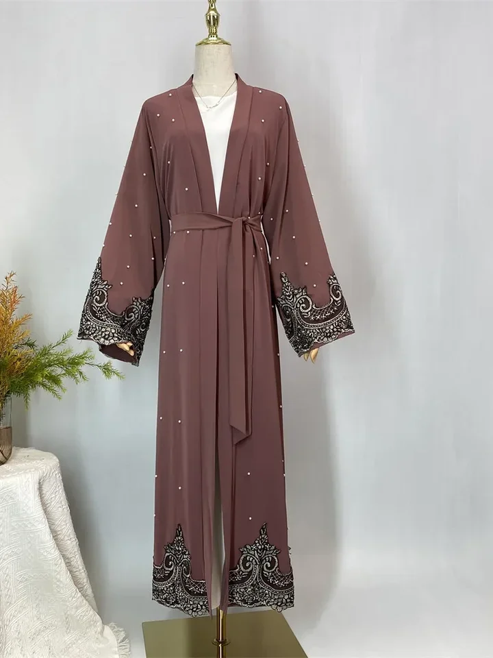 رمضان جلابية أزياء إسلامية عباية نسائية مفتوحة دانتيل مع لؤلؤ ملابس فساتين إسلامية للنساء نيدا عيد قفطان مغربي #2
