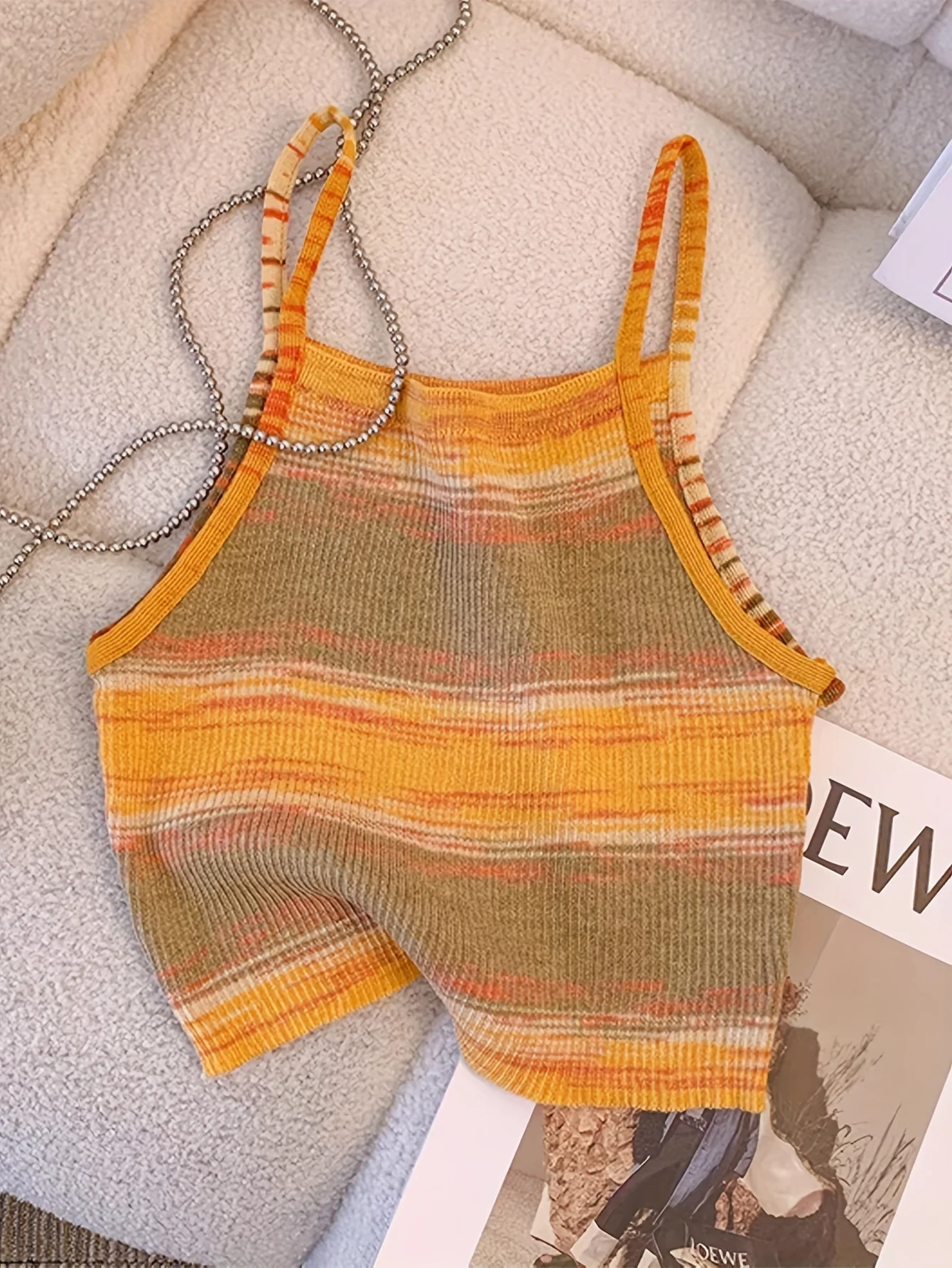Women Rainbow Striped Ribbed Knit Camisole Top Sleeveless Slim Fit Cropped Casual Summer Vacation Y2K Korean Style All Season