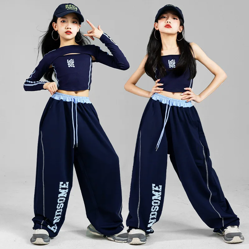 Girls Hip Hop Sets Crop Top Sport Letter Joggers Pants Child K-pop Streetwear Clothes Kids Sportswear Street Dance Jazz Costume