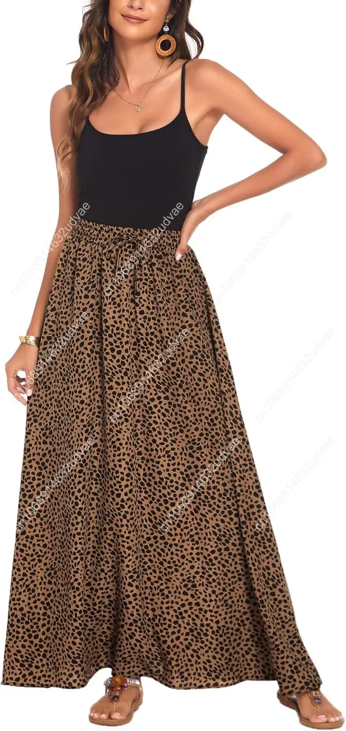 Bluetime Women Flowy Long Skirts Summer Beach Pleated Elastic High Waisted Casual Maxi Skirts