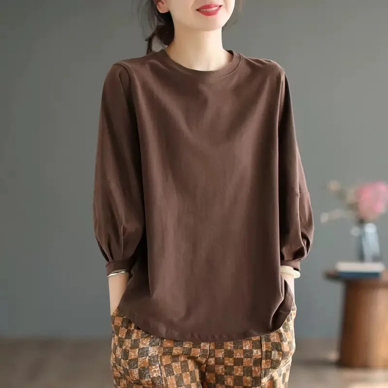 Good Fabric 2024 Autumn/Winter New Product Bottom Shirt Women's Loose Casual Lantern Sleeve Round Neck Top