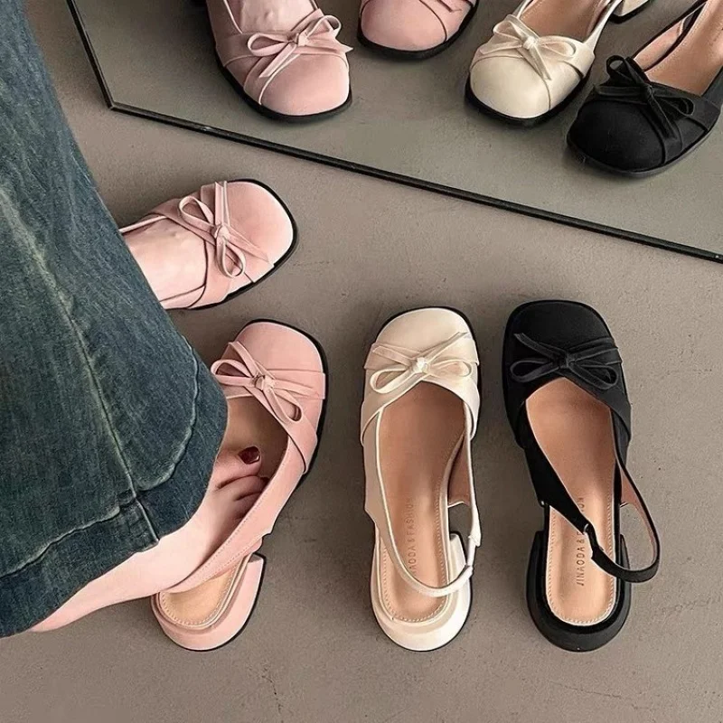 

French-style bow-tie closed-toe sandals for women2026New summer style elegant mid-heel shoes with skirt, chunky heel high heels