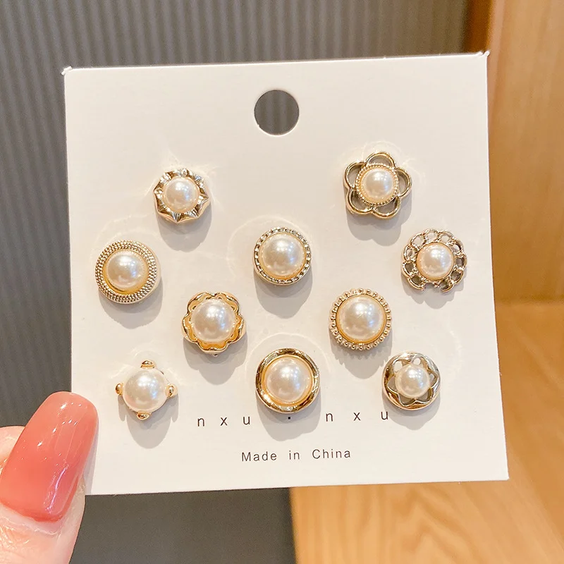 10Pcs Fashion Brooch Women Pin Clothes Decoration Anti-Exposure Buckle Cute Neck Fastener Nail Pearl Button Accessory