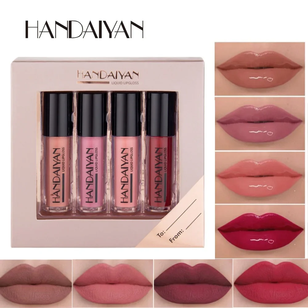 HANDAIYAN 4피스 스틱 립글로스 세트 벨벳 리퀴드 립스틱 세트 방수 매트 글로스 마감 립 색조 부드러운 립 메이크업