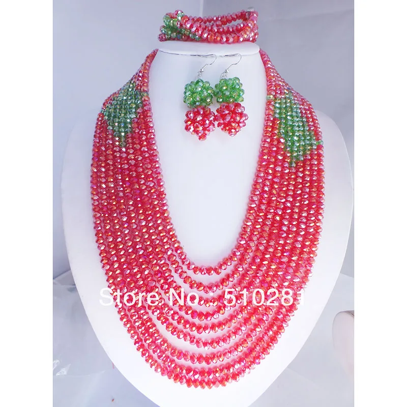 Charming Wired Red and Green Crystal Flower jewelry sets for African Wedding Party Gift