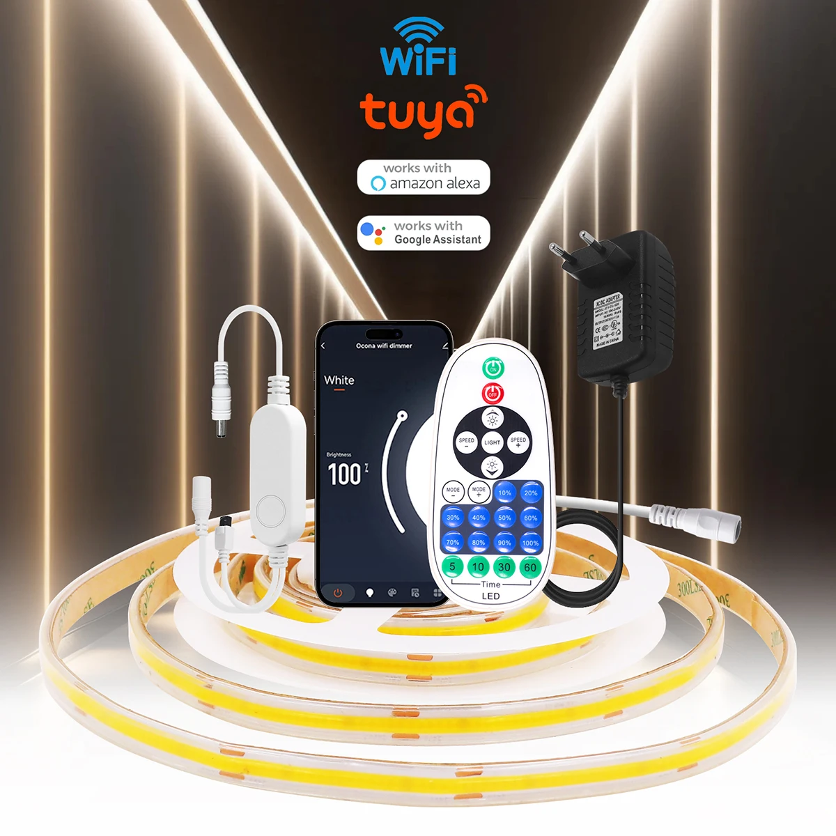 Dimmable WiFi COB LED Light Strip 23Key IR remote With Power DC Plug Bright 480LED/m Flex Tape Natural Warm White Linear 12V 24V