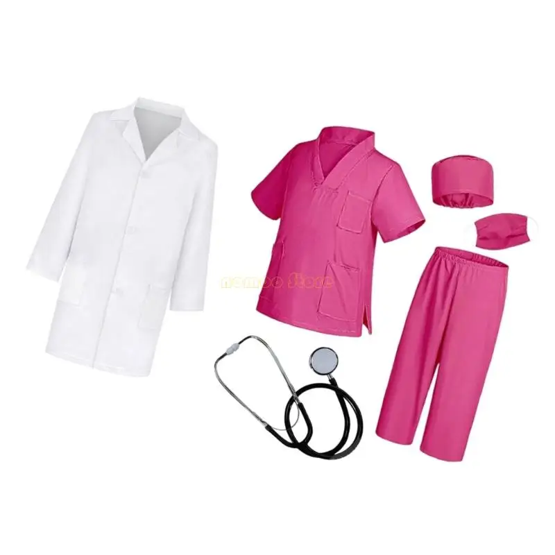 31BF Costume da dottore finto, set da 6 pezzi per bambini, in cotone, per giochi ruolo, uniforme, vestito divertente