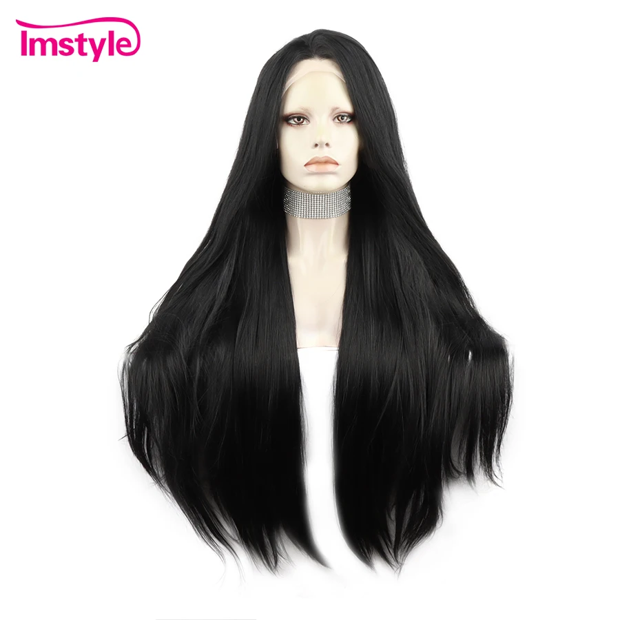 IMSTYLE Jet Black Lace Wig Synthetic Lace Front Wig 30-calowe długie proste peruki dla czarnych kobiet Żaroodporne codzienne peruki do cosplay
