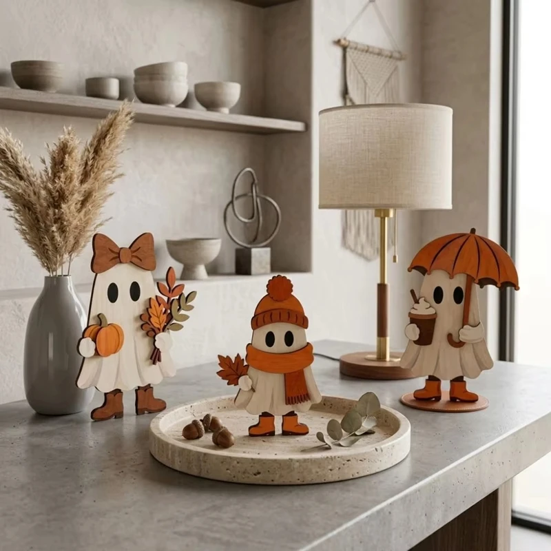 3pcs 2d Flat Wooden Fall Ghost Signs Pumpkin Hand-painted Halloween Ghost Figurines Rustic Maple Leaf Cute Ghost Ornament