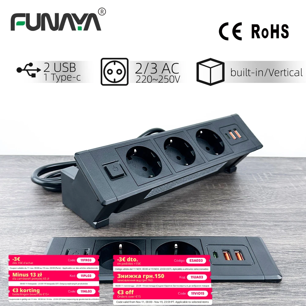 

FUNAYA Built-in Desktop Hidden Socket EU KR Concealed Sockets with USB Type-c Power Electric AC Vertical Outlets for Furniture