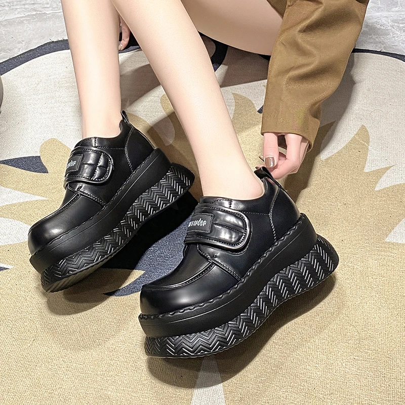 7cm Synthetic Leather Comfy Platform Wedge Pumps Chunky Sneaker High Brand Spring Autumn Casual Shoes British Style Chunky Shoes