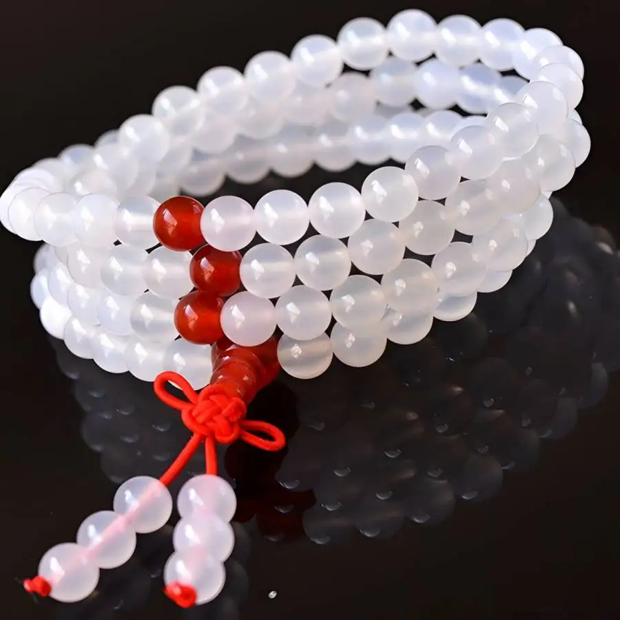 

6mm White agate 108 Buddha Beads Necklace Men's Japa Gemstone Spiritual Hand Sacred Jewelry Meditation elastic Women Nirvana