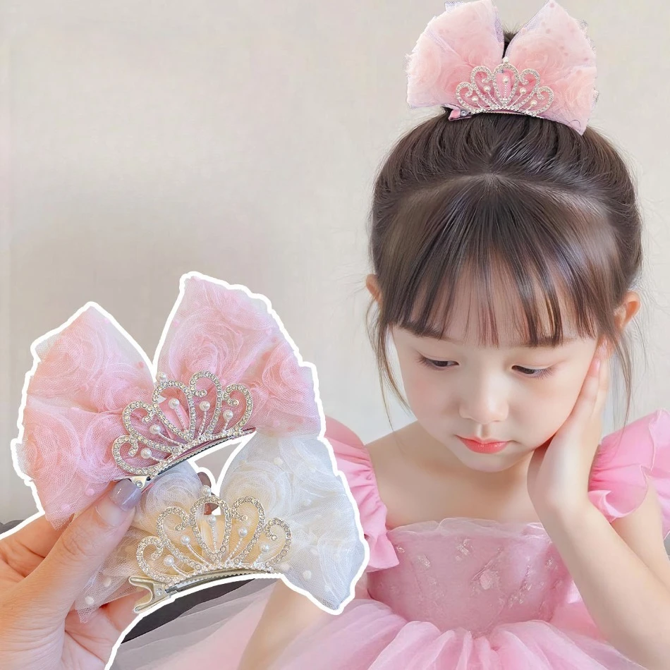 

Princess Girls 3D Sand Crown Bow Hairpin Mesh Birthday Party Headgear Dress Children Sweet Little Girl Hair Baby Top Clip ZY02