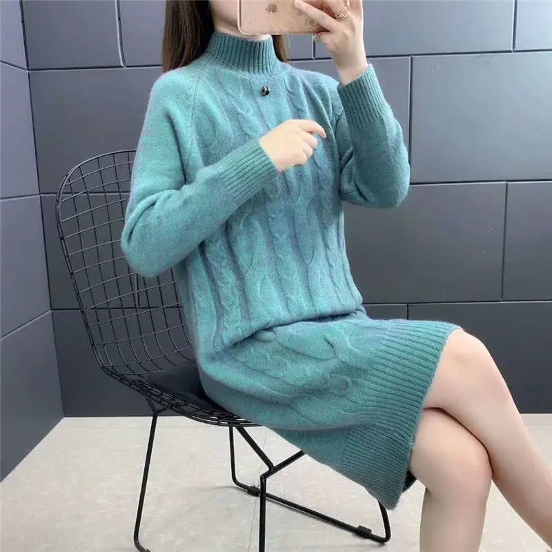 Koreanische Fleece Midi Kleid Pullover Weibliche Stricken Neue Herbst Winter Lose Halb Höhe Kragen Bodenbildung Shirt Mid Länge Top Kleid