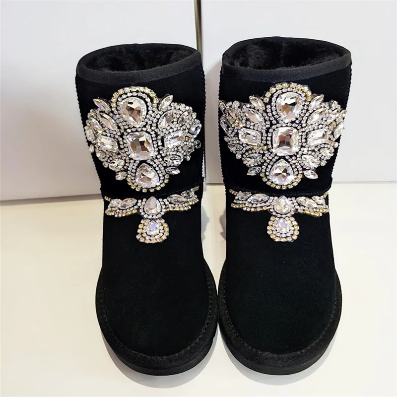 

Autumn winter new hand-diamond-inlaid cowhide waterproof mid-tube women's shoes snow boots cotton shoes 35-44