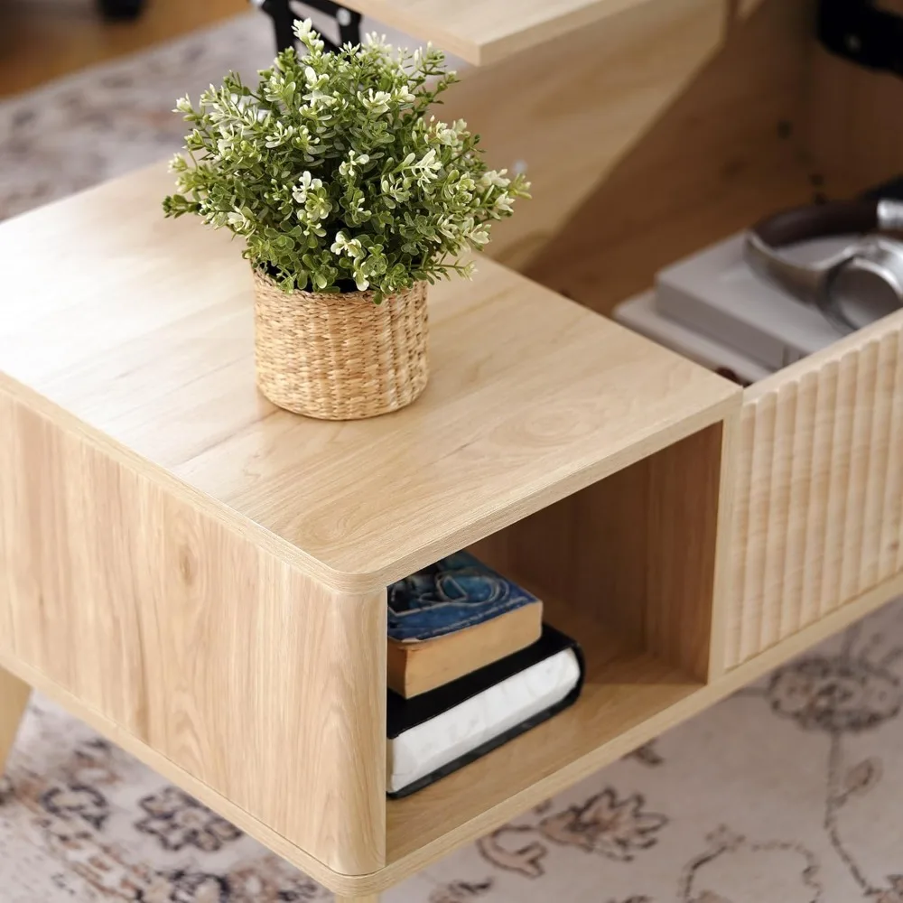 Mesa de centro elevatória canelada com compartimento oculto, mesa central moderna para sala de estar, escritório doméstico, natural