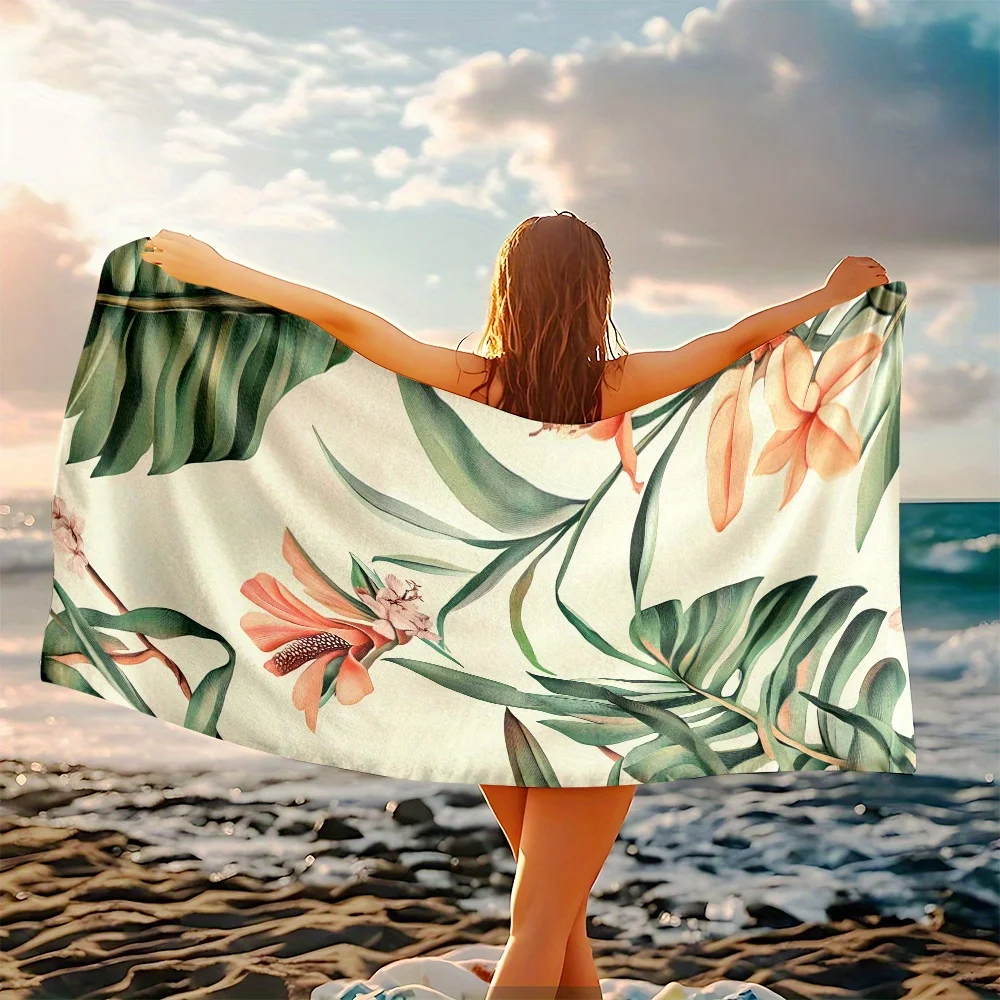 

1pc Luxurious Tropical Paradise Beach Towel - Vibrant floral and lush greenery design, perfect for summer sunbathing, the beach