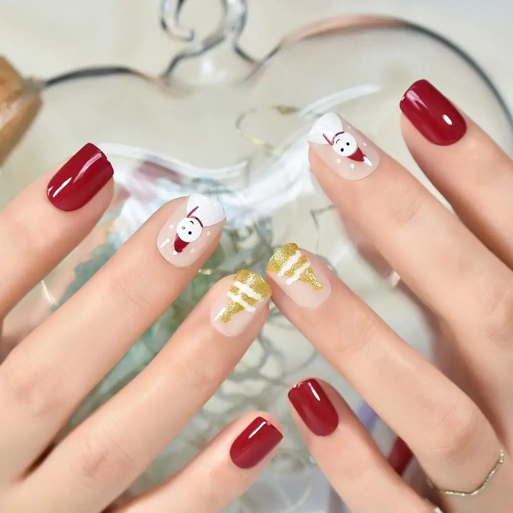 3D Christmas Press On Nails Short Squoval Snowman Golden Glitter Tree Red Nail Art Tips riutilizzabile unghie finte acriliche Manicure