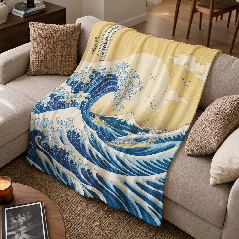 Large Decorative Japanese Great Wave Throw Blanket Sofa Cover Hokusai Art Ocean Print Cozy Anime Decor