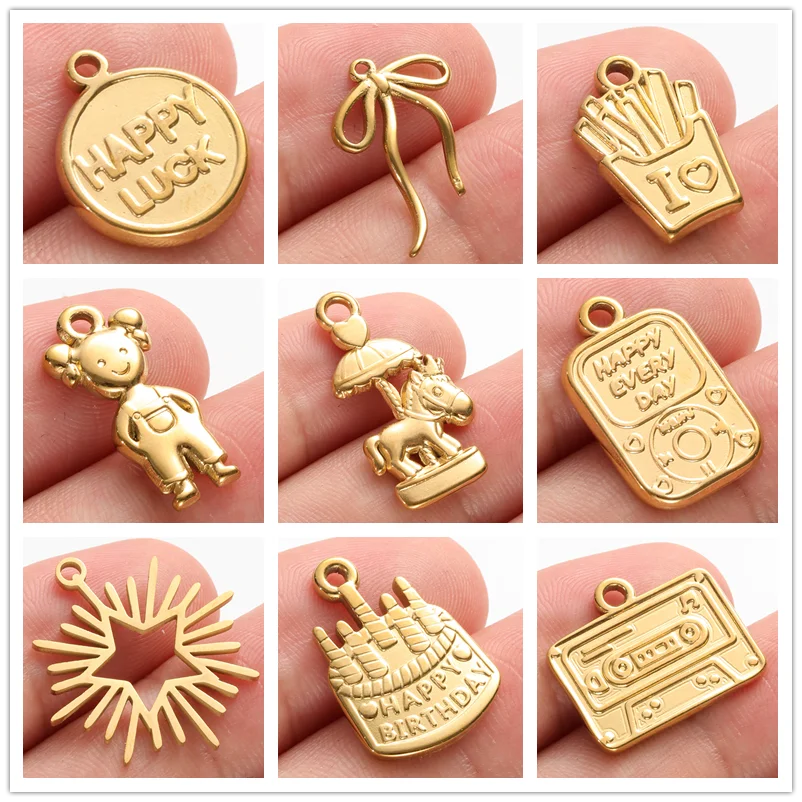 5pcs Lucky Charm Girl Star Bow Cake Stainless Steel Pendants For Jewelry Making Supplies Cute Pendant Necklace Bracelet Findings