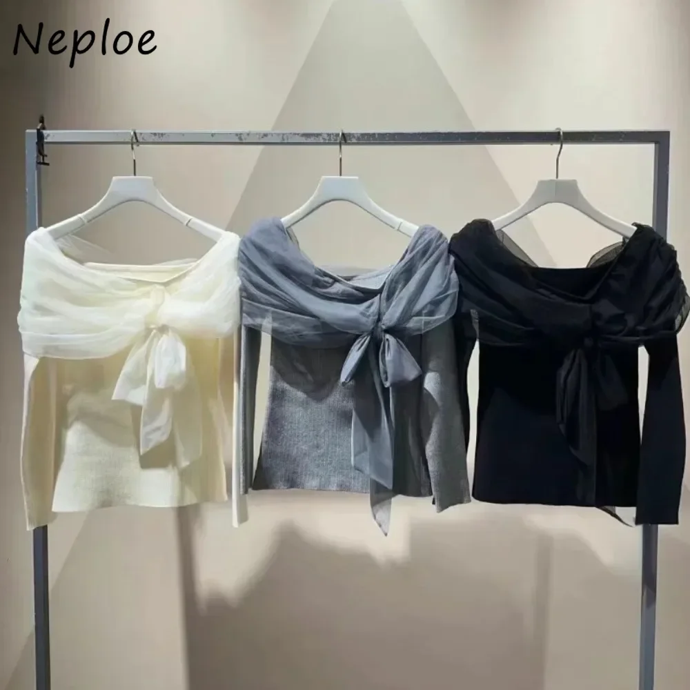 Neploe Literary New Pullover Fresh Slash Neck Sweet Jumper Voile Off Shoulder Knit Sweaters Japan All-match Bow Gentle Knitted