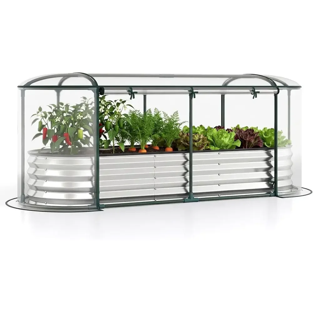 Oval Outdoor Metal Planter Box with Roll-up Window and Clear PVC Greenhouse Cover for Patio Gardening, 6x2x1 T (Silver)