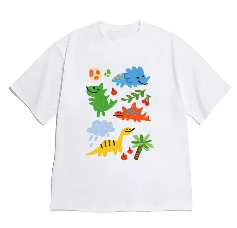Kawaii T-Shirt Dinosaur Doodle Graphic Funny Aesthetic Casual Cute Short Sleeve Tee Shirt Vintage Gothic Tops Men Women Y2k Tees