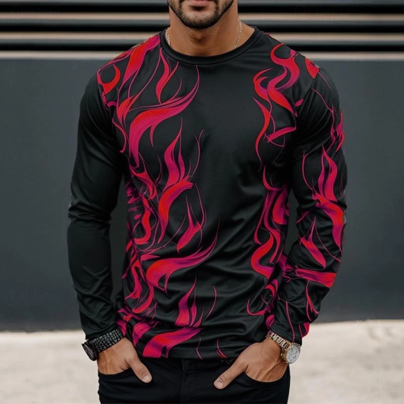 Cool Irregular Fire T-shirts Men's Clothing Long Sleeve O-neck Oversized T Shirts 3D Printed Colorful Stone Design Sense Tops