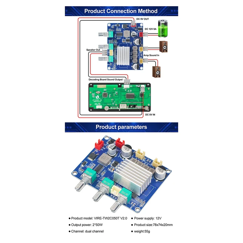 AA08-High-Fidelity Audio Amplifier Board TPA3116 Dual-Channel 2X50w Class D High-Power DC12-15V Module