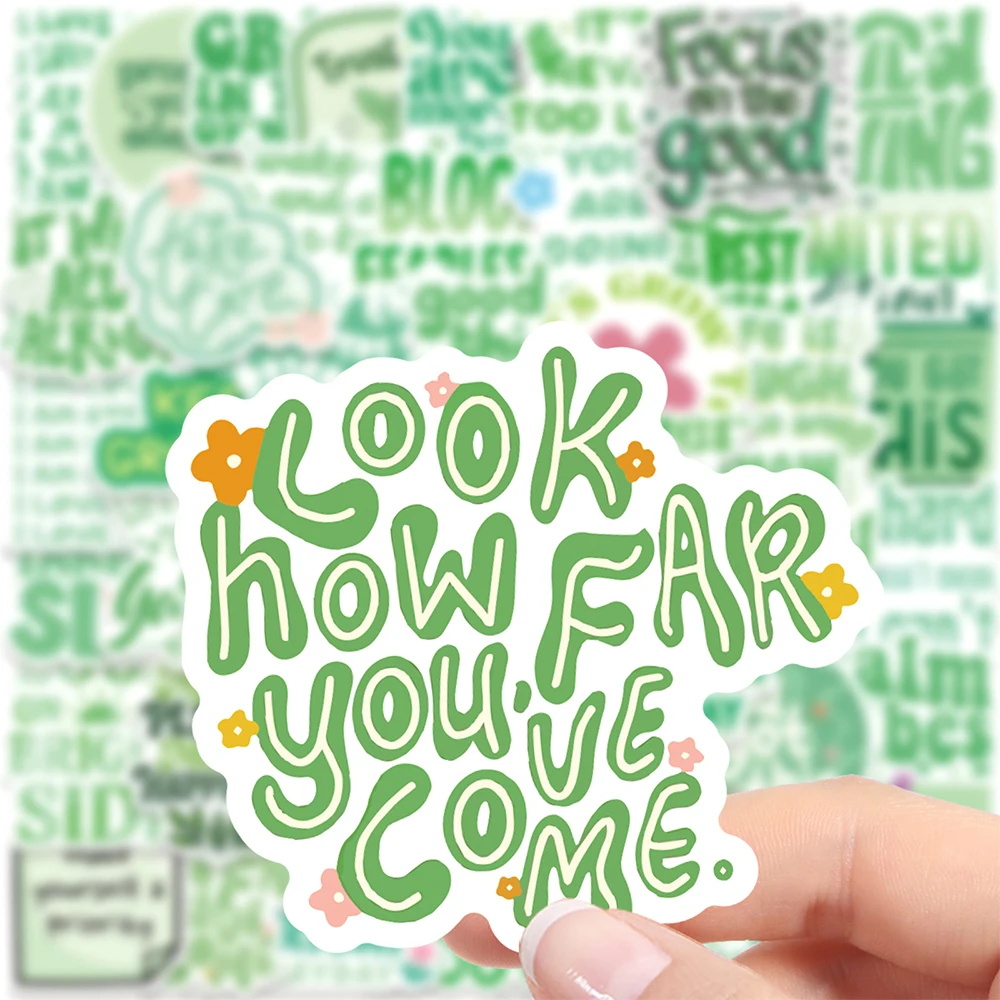 

10/30/50pcs Cute Green Inspirational Phrases Stickers Cartoon Aesthetic Graffiti Decals Scrapbooking Phone Suitcase Sticker Pack