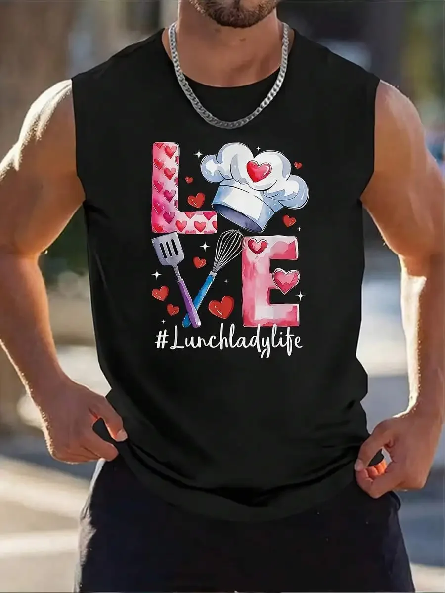 

Mens Sleeveless Tank Top With Love Chef Hat And Kitchen Tools Print Heart Pattern Casual Gym Vest