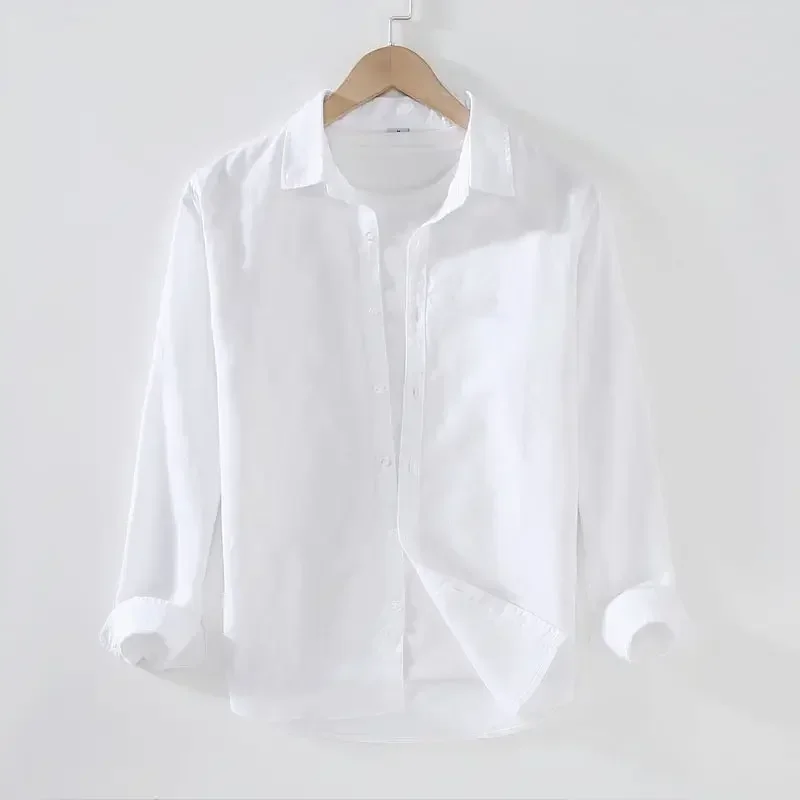 Camisa de lino para hombre, camisa fina de manga larga, informal, suelta, de algodón, ropa blanca