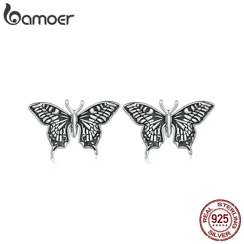 Bamoer 925 Sterling Silver Vivid Butterfly Earrings Insect Ear Buckle Oxidized Silver for Women Anniversary Gift Fine Jewelry