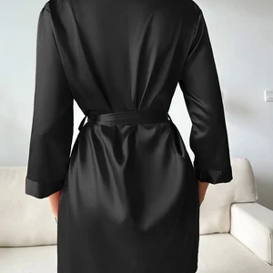 Roupão feminino com cordões, vestido matinal sexy, vestido caseiro, robe de seda gelado, pijama de verão, senhoras européias e americanas 10 principais vendas roupão de banho femenino - №8