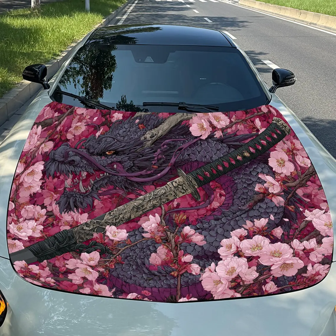 

Sakura Dragon Wrapping Katana Автомобильная виниловая пленка, водонепроницаемая наклейка на капот автомобиля из ПВХ, самоклеящиеся устойчивые к царапинам наклейки для Engi