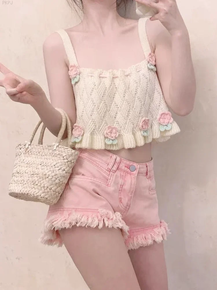 Colete de malha kawaii feminino, japonês, fofo, elegante, cinta, tops de alças, feminino, coreano, casual, princesa, Y2K, doce, verão, 2024