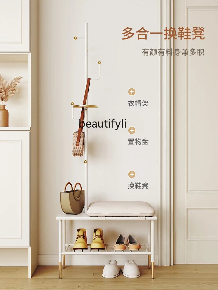 Cream Style Simple Modern Sitting Shoe Changing Stool Shoe Cabinet Multifunctional Coat Rack Clothes Rack