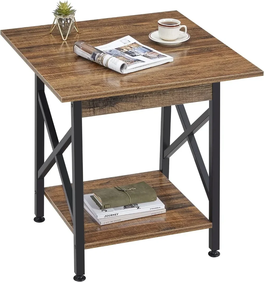 

End Table 24 inch Industrial Design Large Side Table with Storage Shelf for Living Room, Easy Assembly, Rustic Walnut