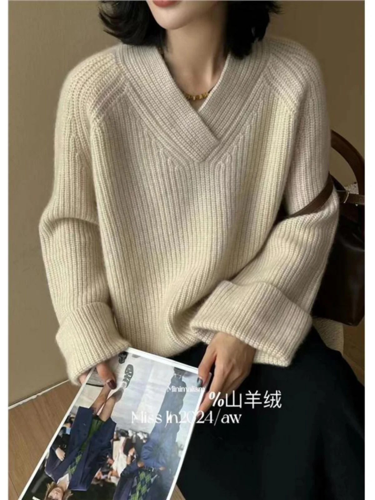 

Женский толстый кашемировый свитер с v-образным вырезом и ленивым ветром, простой свободный свитер с иглами, теплый свитер больших размеров