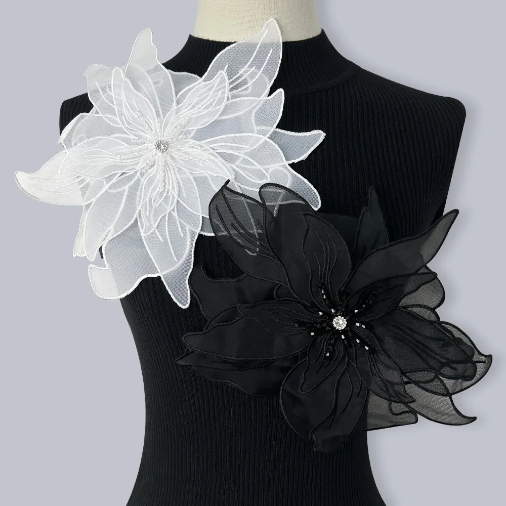 Multi Layered Organza Three-dimensional Flower Crystal Studded Pearl Dress Decoration with Brooch Accessories