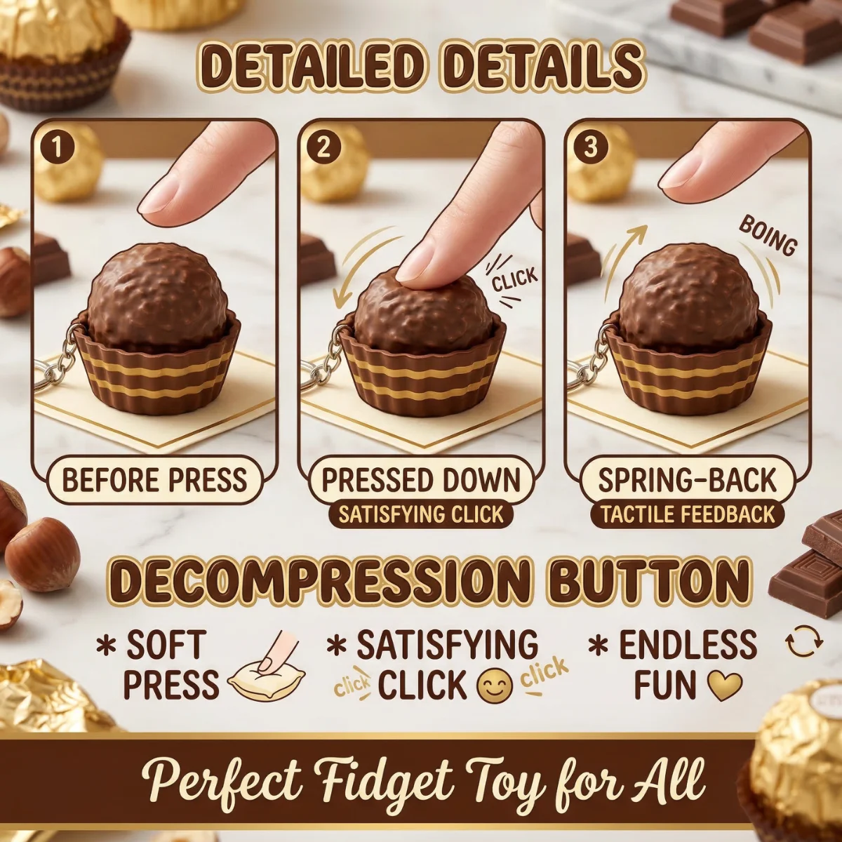 1PC Press Click Chocolate Keychain Set, Plastic Ferrero Style Fidget Button Keyring with Gift Key Rings, Cute Brown and Gold Cho
