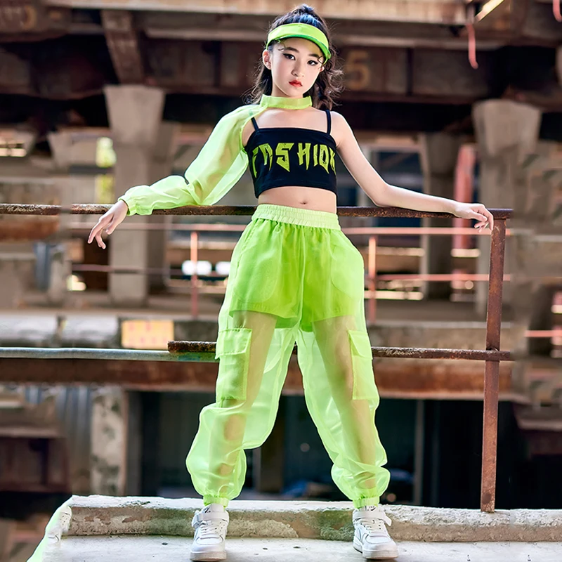 

Hip Hop Kids Clothes Girls Jazz Street Dance Costume Green Single Sleeved Crop Tops Mesh Pants Kids Performance Outfit BL8222