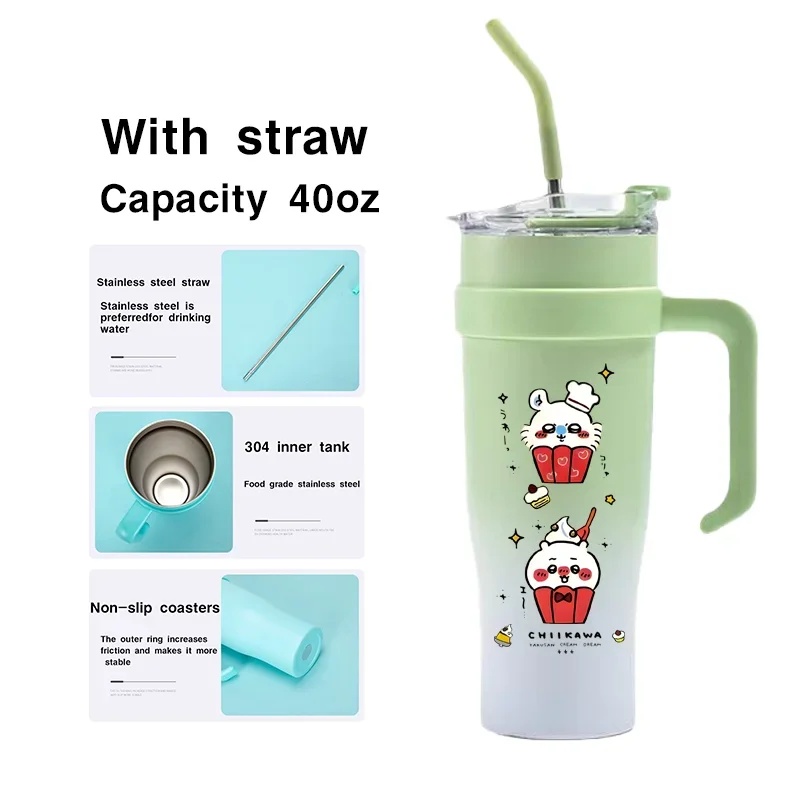 1250ml cartoon Miniso Chiikawa ice cream vacuum cup water bottle, portable large capacity stainless steel bottle for hot drinks